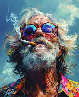 Elderly man with white beard and hair wearing rainbow reflective sunglasses against blue sky