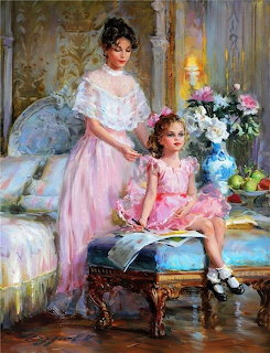 Oil painting of mother in pink dress standing beside daughter in pink seated on blue bench with flower arrangement