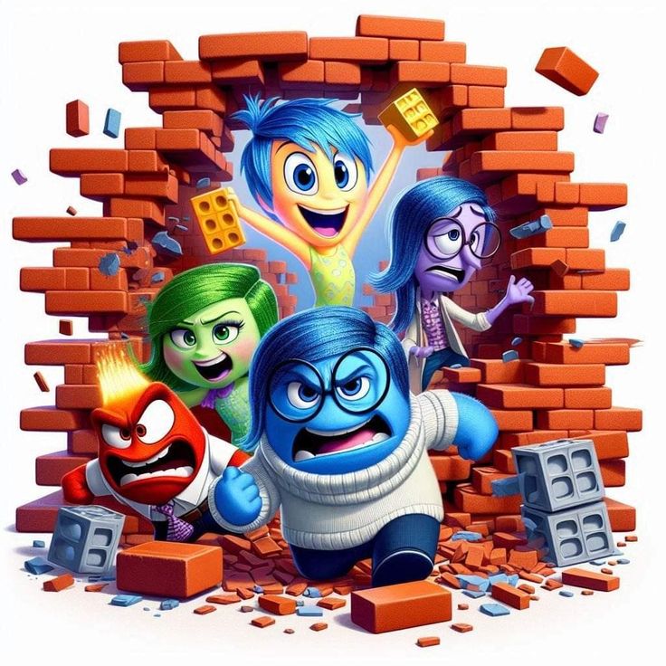 Five colorful Inside Out emotion characters bursting through orange brick wall with falling bricks and debris