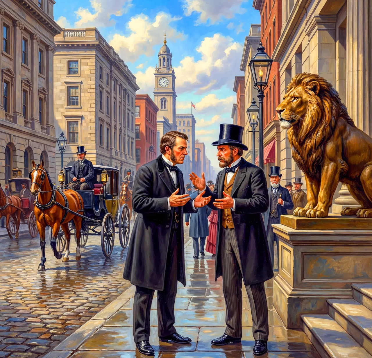 Two men in Victorian suits talk on a historic city street with lion statue and horse carriages