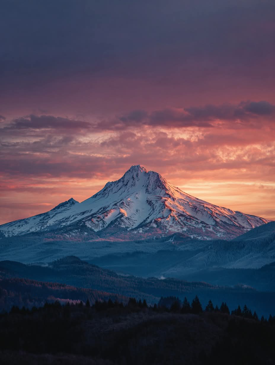 Snowy mountain peak at sunset with dark ridges and a pink purple sky