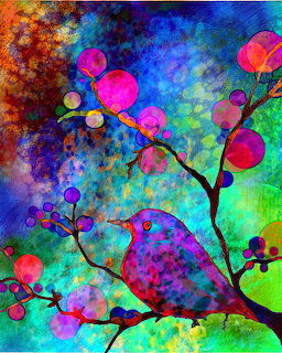 Colorful stylized bird on branches with pink, yellow and blue bubbles against a vibrant textured background