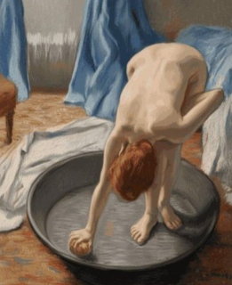 Oil painting of a child leaning over a metal bathing tub in a domestic interior with blue drapery