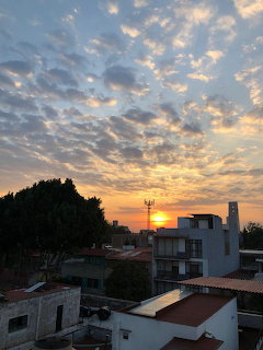 Sunrise over Mexico City with orange sky, clouds, residential buildings and trees silhouetted against dawn light