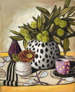 Painting of a still life with spotted vase holding green flowers, colorful cups, and starfish on a table