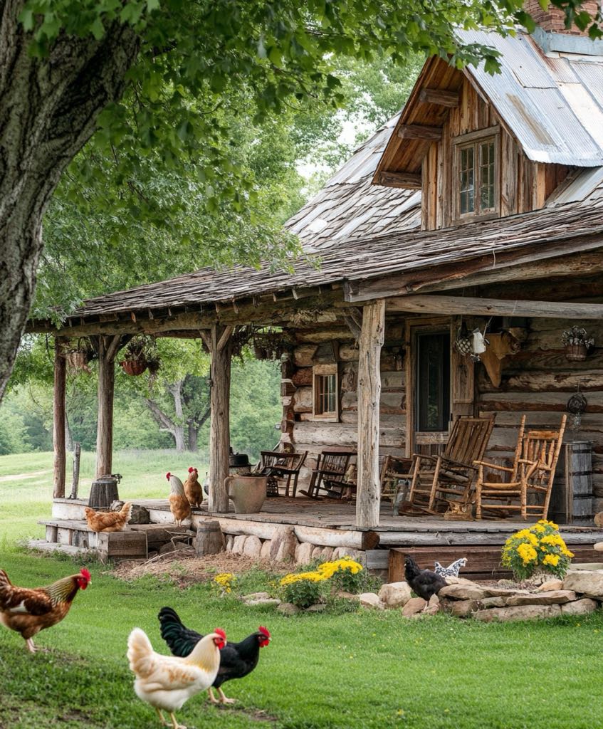 Rustic log cabin with porch, rocking chairs, and chickens on green lawn under trees
