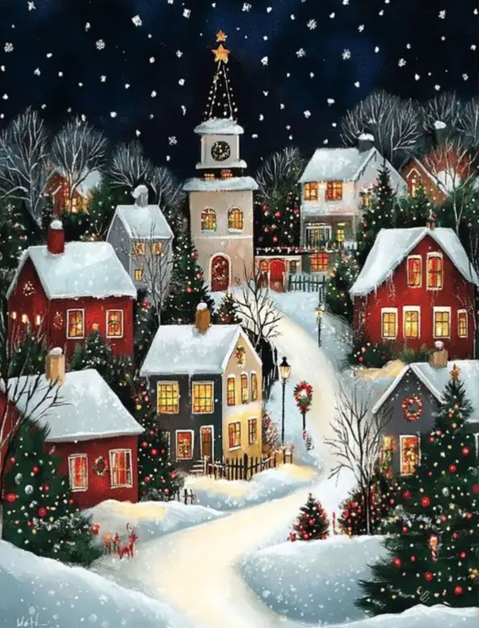 Snowy Christmas Village at Night