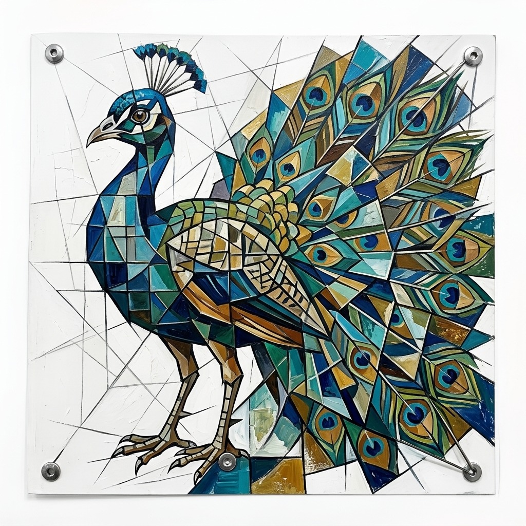 Geometric peacock illustration with colorful fan-shaped tail feathers