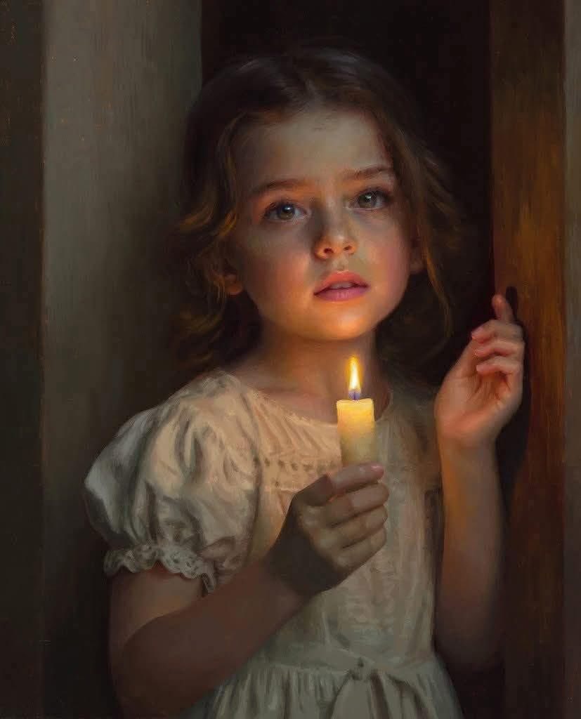 Painting of a young girl in a white dress holding a lit candle in a dim interior