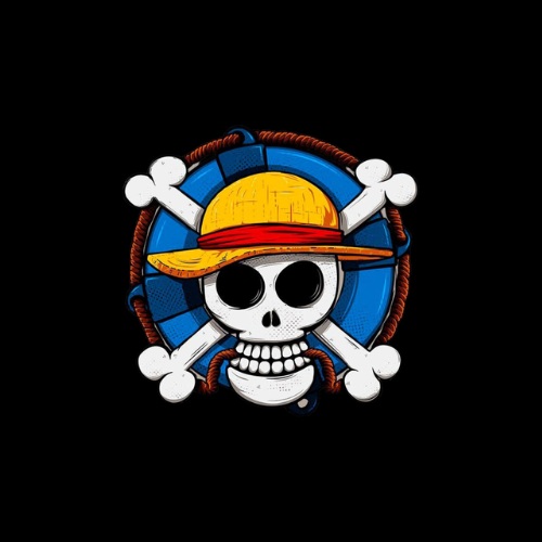 One Piece Straw Hat Pirates skull logo with yellow hat and crossbones on blue circular background