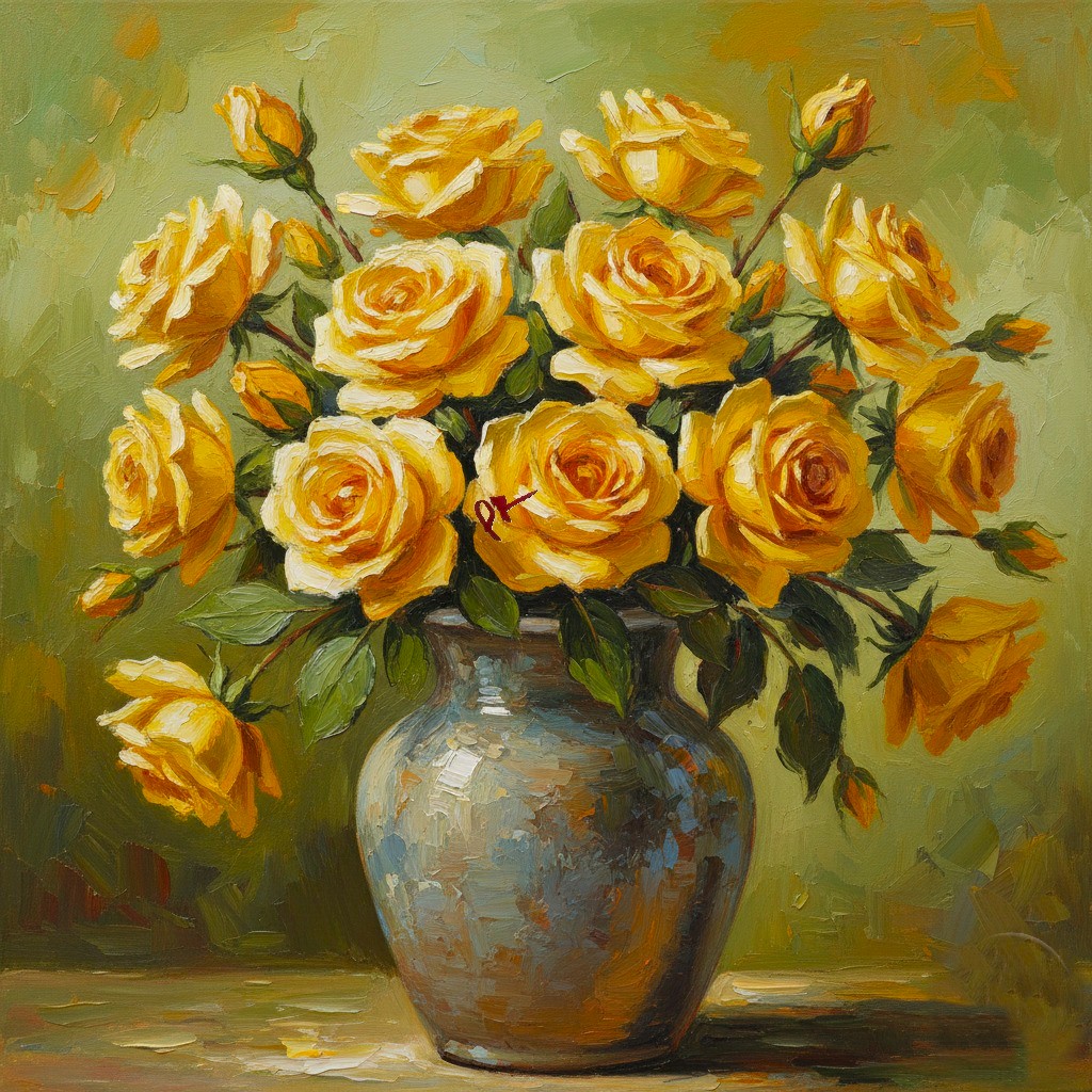 Painting of yellow roses in a ceramic vase on a table with a soft green background