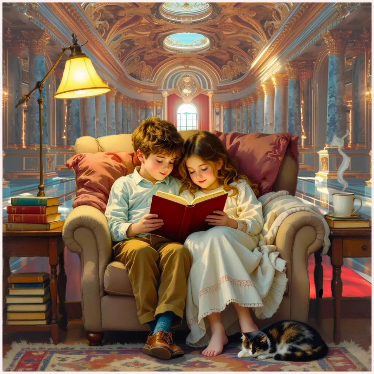Two children reading a book together on a tufted armchair in an ornate library with warm lighting