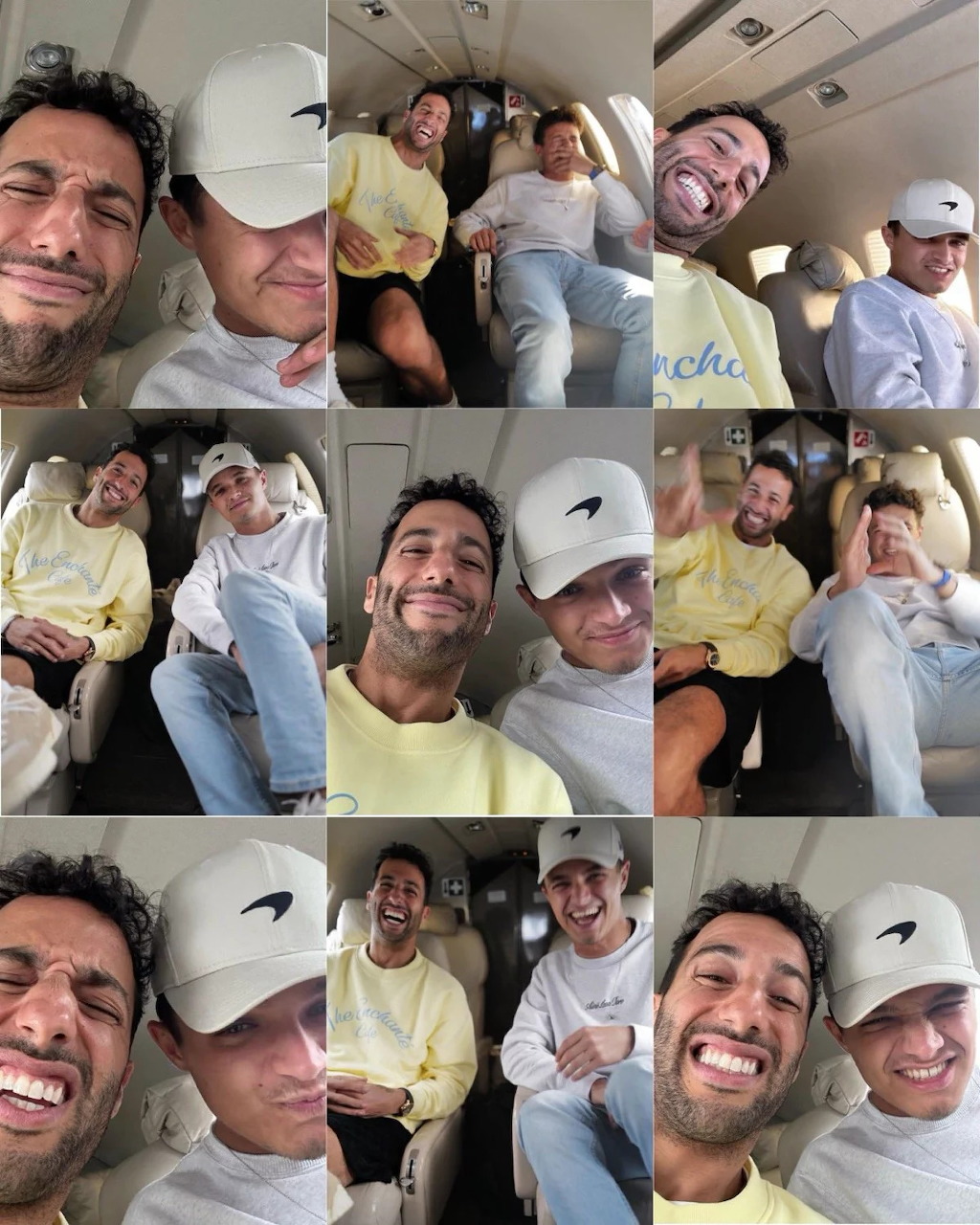 Collage of selfie photos of two young men laughing inside a private jet