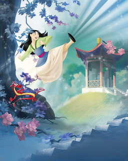 Disney Mulan illustration with character in flowing dress reaching up near a pagoda in a moonlit garden