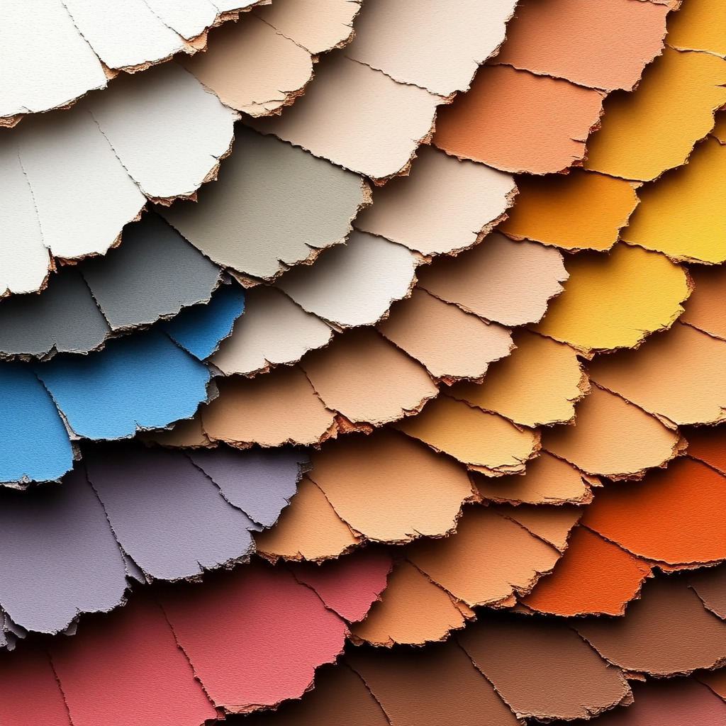 Overlapping colorful roof shingle samples arranged in rows showing various hues and textures