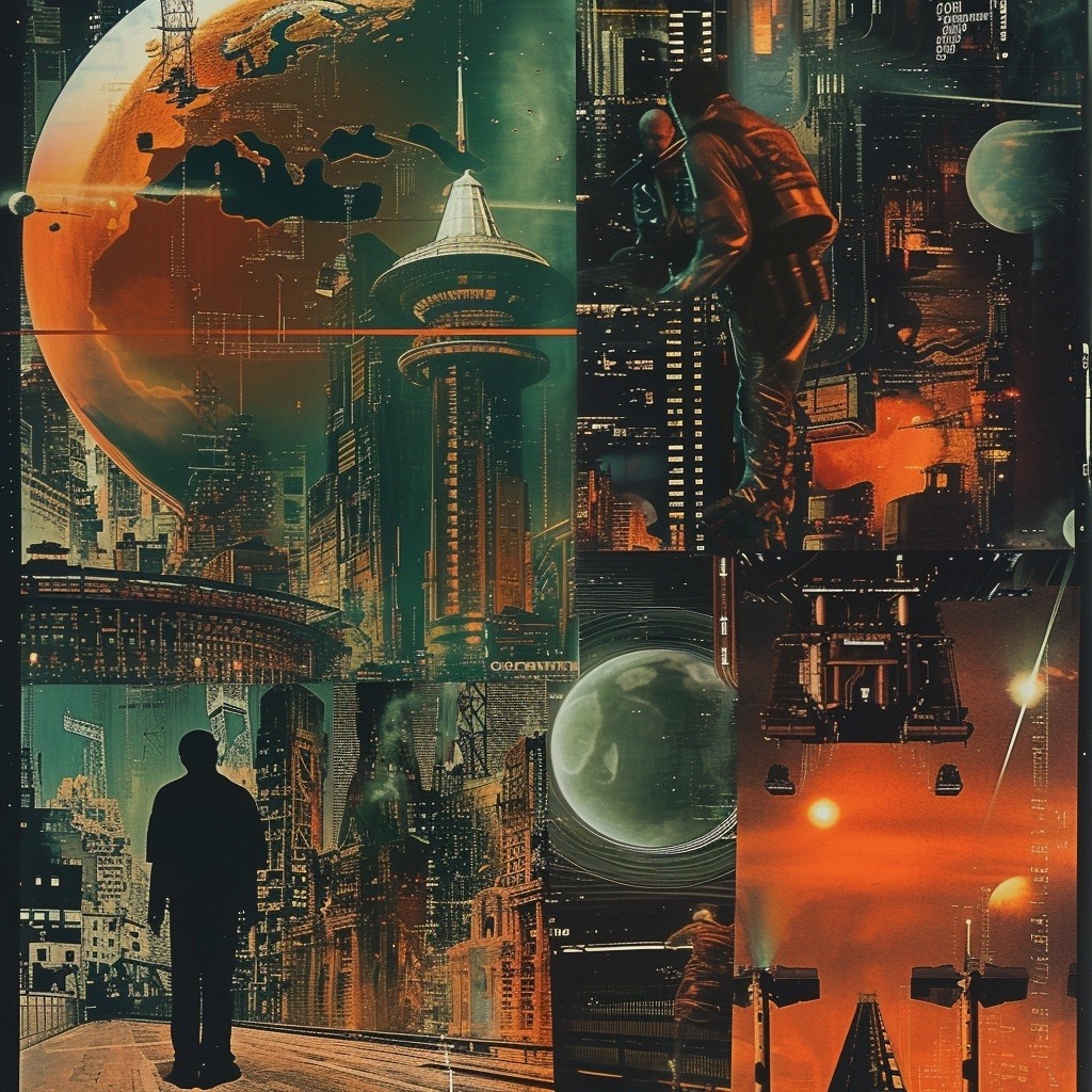 Sci-fi collage with futuristic cities, planets, orange skies, and a silhouetted figure
