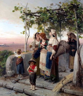 Oil painting of Italian women and children on a stone terrace under grapevines waving at sunset