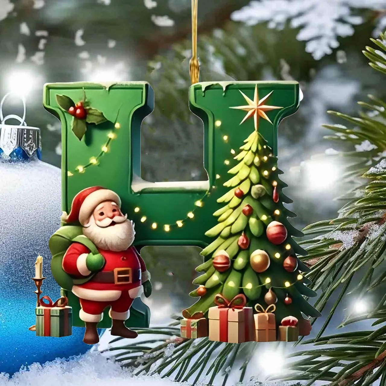 Green letter H Christmas ornament with Santa, tree, presents, and snowy pine branches