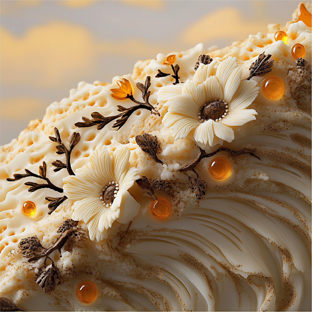 Close-up of a frosted cake with white flower decorations, chocolate sprigs, and amber sugar pearls