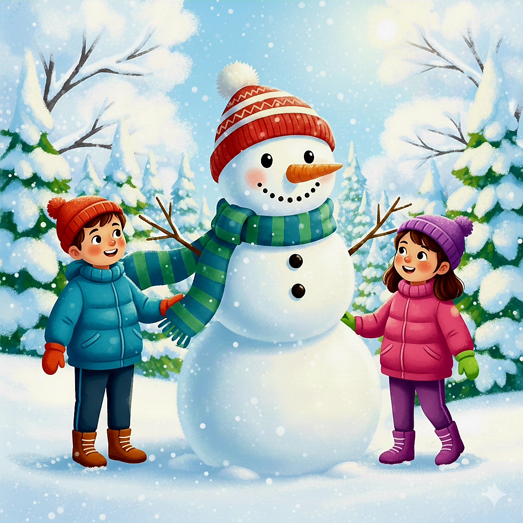 Children Building Snowman Winter Scene