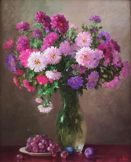 Oil painting of colorful aster flowers in vase with fruit