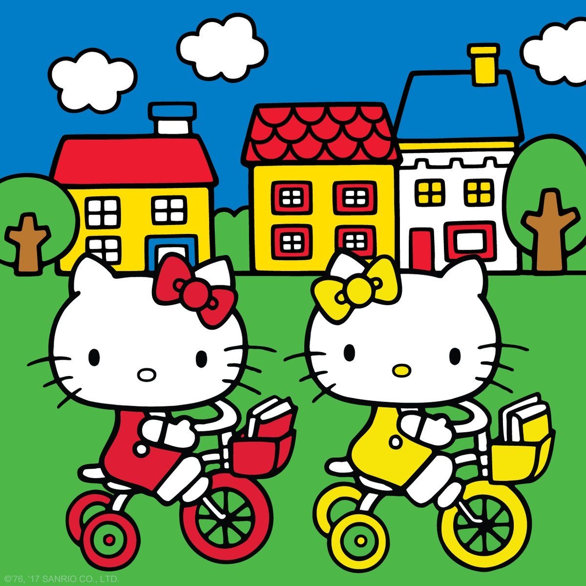 Hello Kitty characters on tricycles in front of houses with trees and blue sky