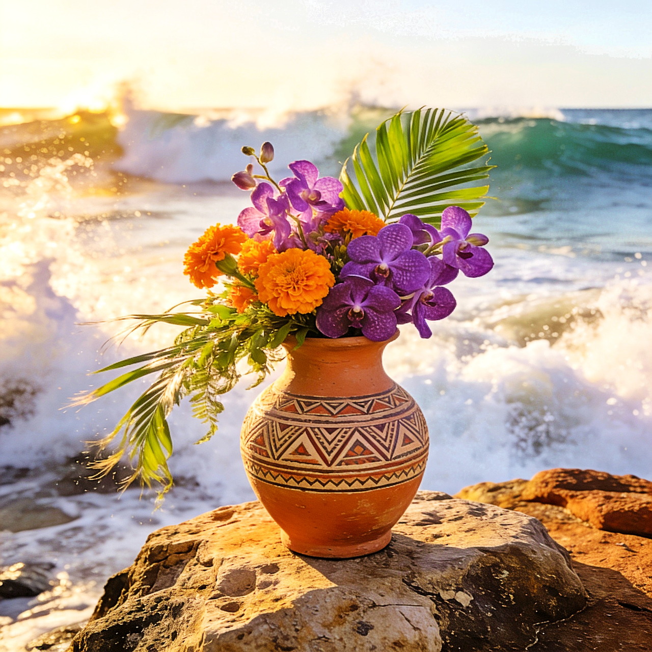 Terracotta vase with colorful flowers on a rock by the ocean at sunset