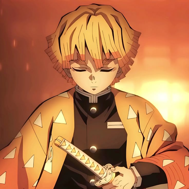 Anime boy with blonde hair in yellow and orange outfit holding sword with serious expression