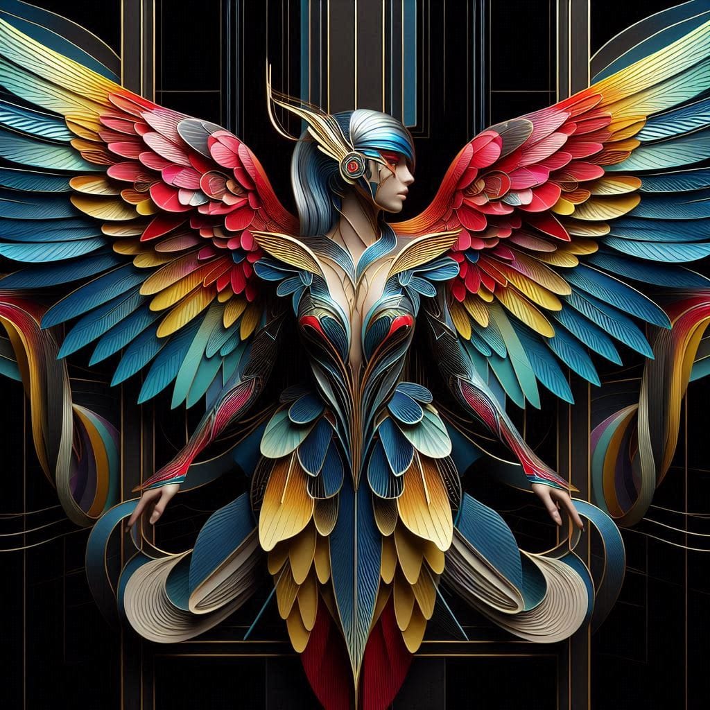 Symmetrical colorful bird with rainbow wings spreading outward on black background