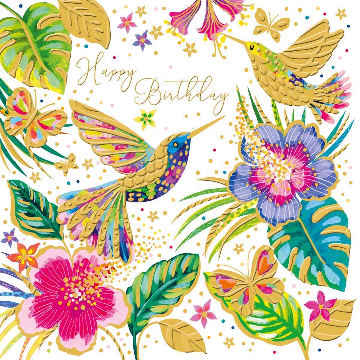 Happy Birthday card with hummingbirds, tropical flowers, butterflies and palm leaves on white with gold confetti