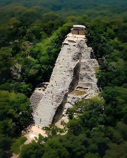 Ancient stepped stone temple rising above dense green jungle at Coba, Mexico
