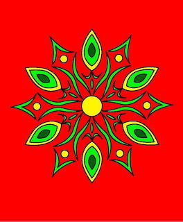 Symmetrical mandala with green petals and yellow center on red background