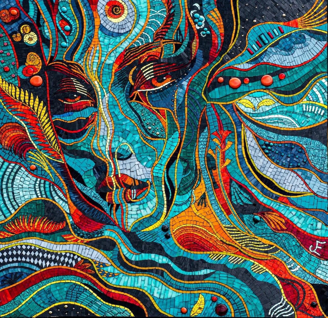Colorful mosaic portrait of a woman's face with flowing abstract blue, red, and gold patterns