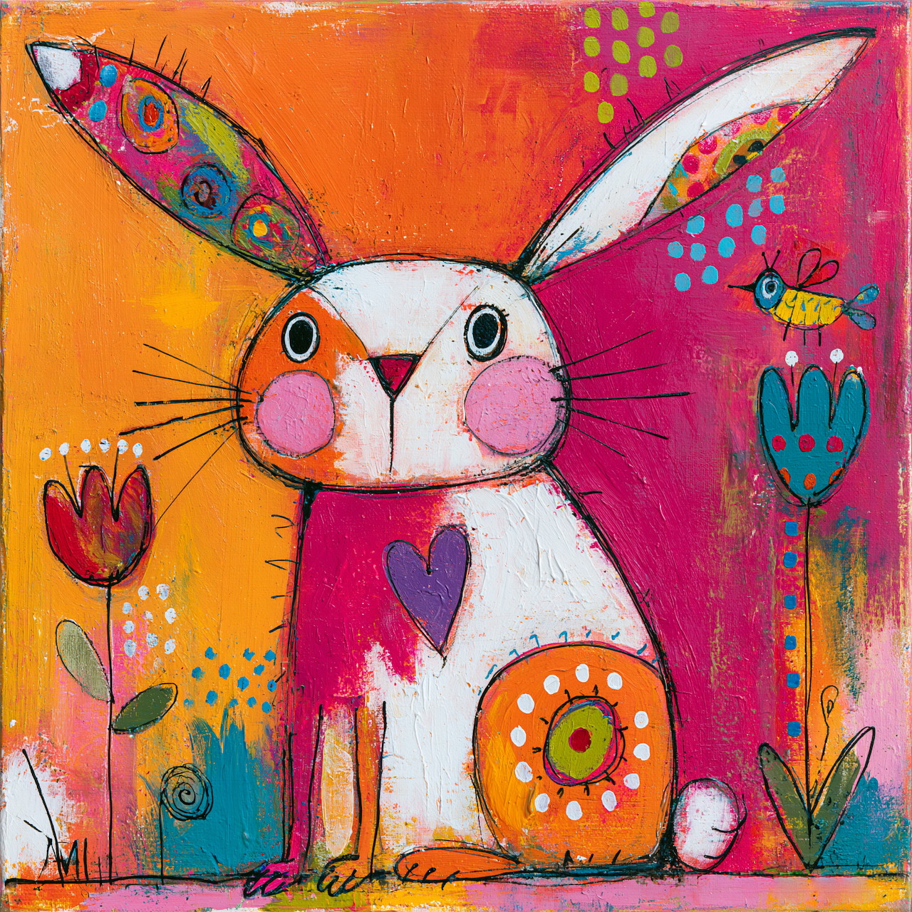 Whimsical painted white rabbit with patterned ears and colorful flowers on pink background