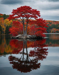 Red autumn tree on small lake island with perfect mirror reflection in still water