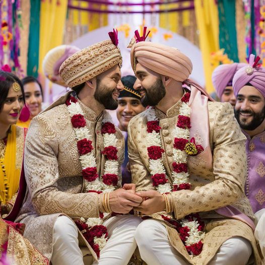 Two men in traditional Indian wedding attire smiling and holding hands at a ceremony