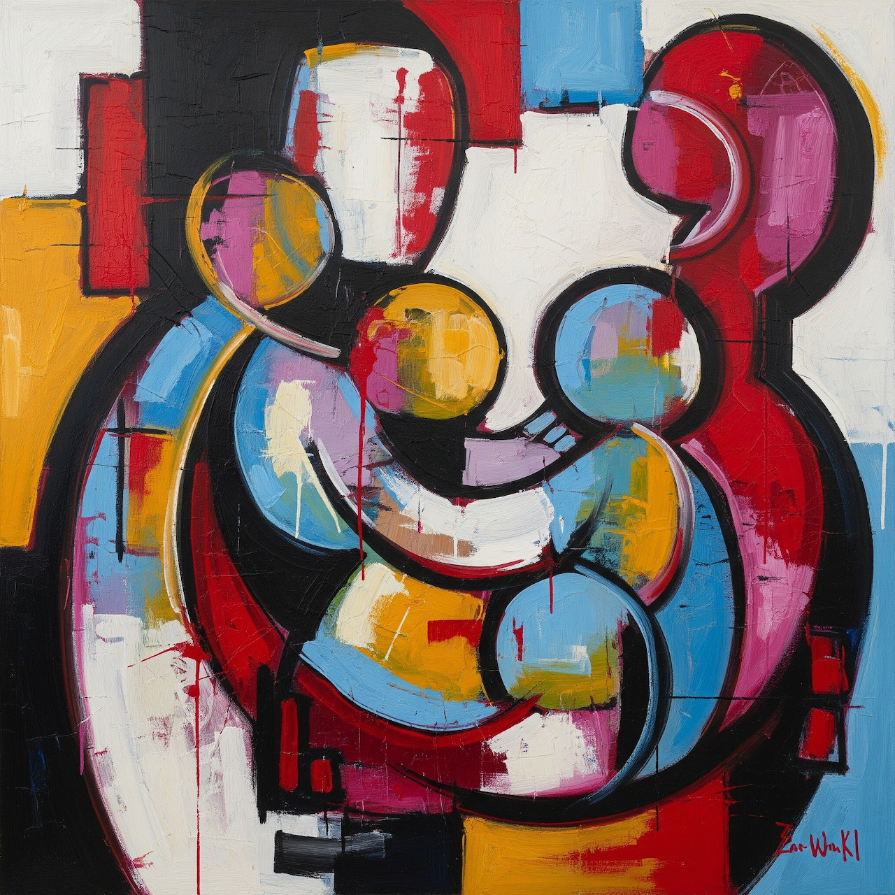 Abstract painting of three embracing figures in vibrant circular shapes and bold colors