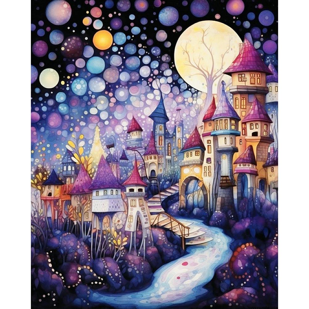Fantasy castle village with colorful bubbles and glowing lights under a large moon in a starry night sky