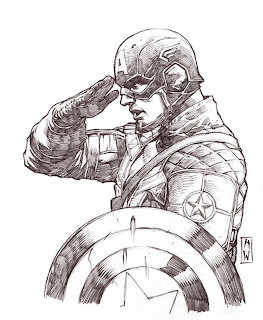 Black and white drawing of Captain America with shield