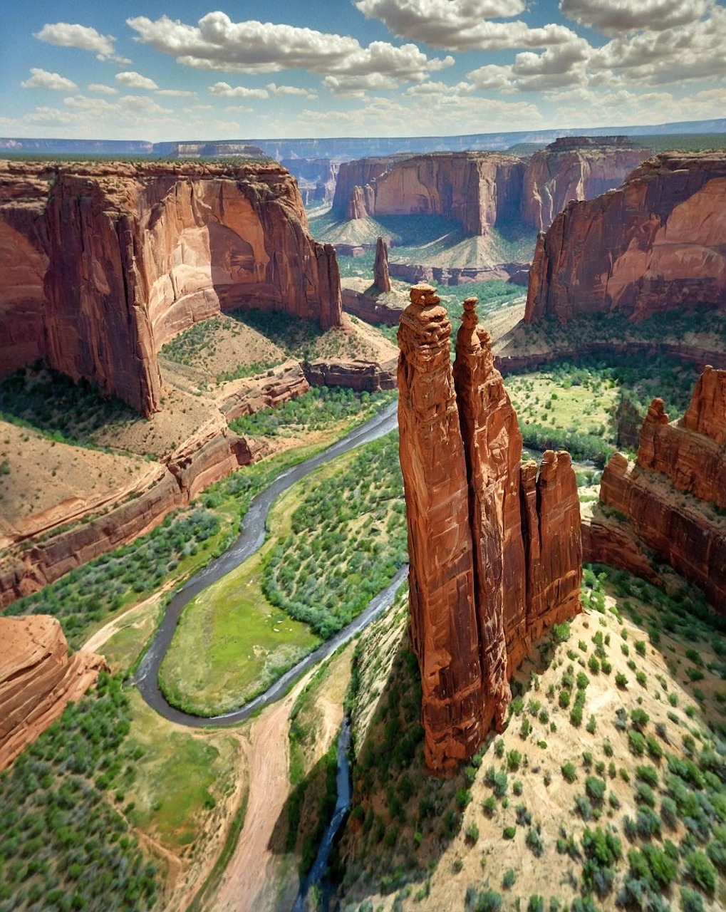 Aerial view of Spider Rock tower in Canyon de Chelly with meandering green valley below and red sandstone canyon walls