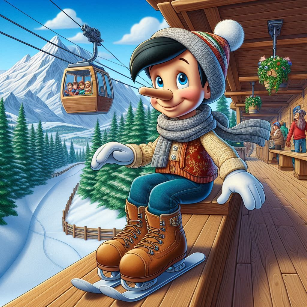 Cartoon boy in winter gear on snowboard at alpine ski resort with cable car and mountain chalet