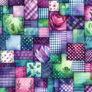 Colorful patchwork quilt pattern with floral, plaid, and polka dot fabric squares