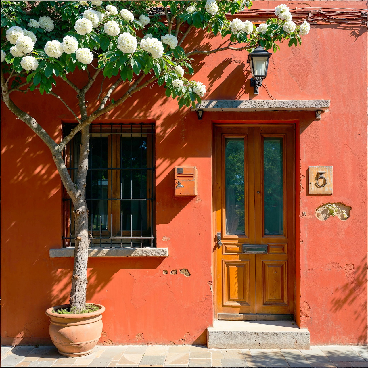 Orange house with wooden door, window, and white flowering tree casting shadows on coral wall