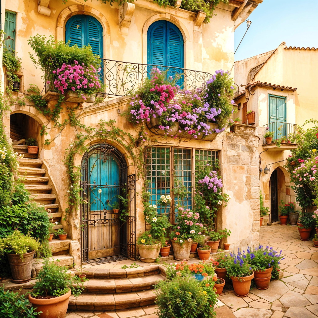 Mediterranean house facade with blue doors, stone stairs, balconies, and colorful flowers in pots