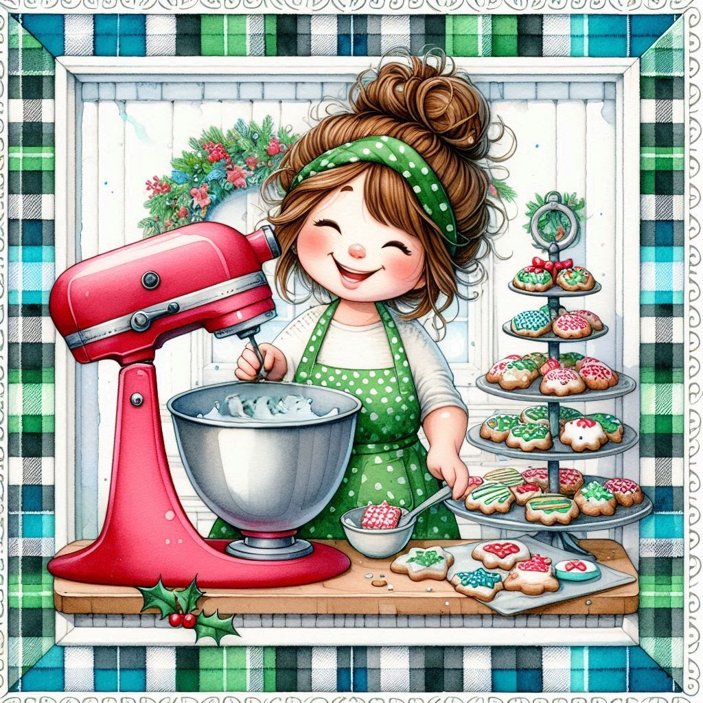 Cartoon girl in green polka dot apron baking Christmas cookies with red mixer and decorated cookie tower