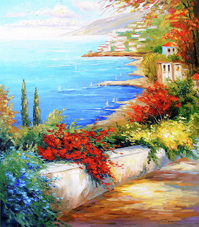 Colorful oil painting of a Mediterranean seaside village with flowers, cypress trees, and sailboats