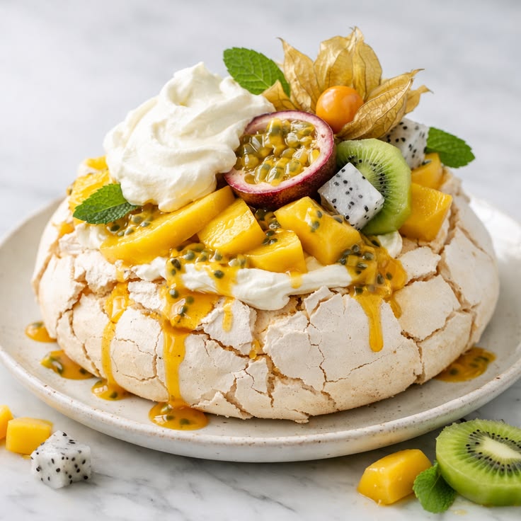 Pavlova topped with whipped cream, mango, kiwi, dragon fruit, passion fruit, and mint on a plate