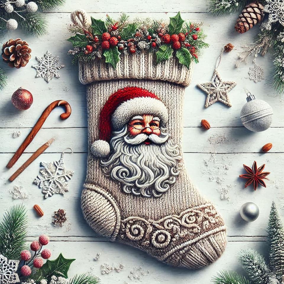 Knitted Christmas stocking with Santa face surrounded by holiday decorations and ornaments on white wood surface