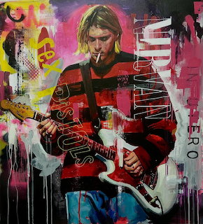 Painted portrait of a blond musician playing white electric guitar with colorful drip background and text