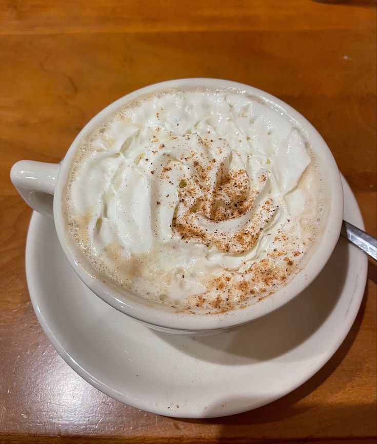 Cappuccino with whipped cream and cinnamon dusting in white cup on saucer with spoon